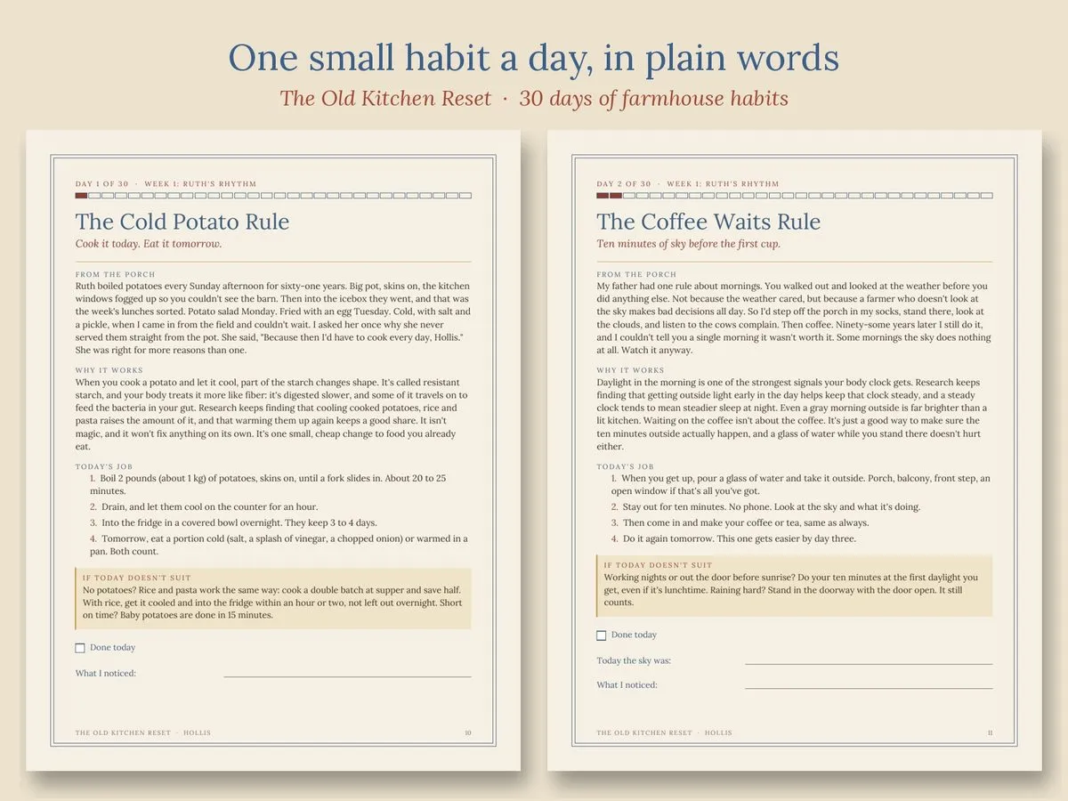 Two daily habit pages from the Old Kitchen Reset